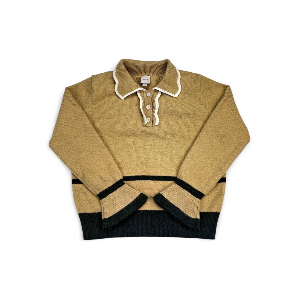 Maeve Khaki Polo Collar Sweater with Black Trim